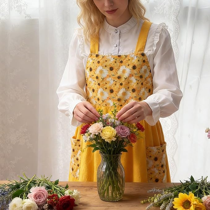 Uaussi Cotton Linen Apron Cross Back Work Apron for Women with Pockets Pinafore Dress X Cross Halter Apron for Chef Gardening