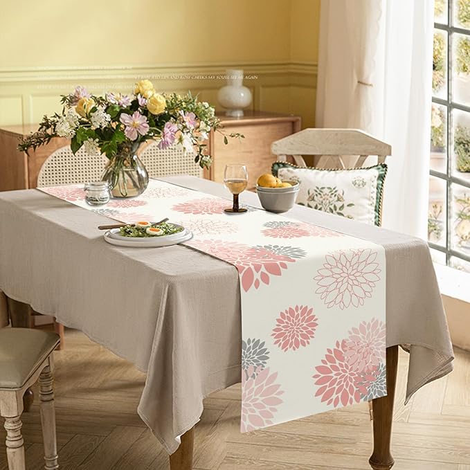 Pink Grey Table Runner Dahlia Flower Beige Burlap Table Runners Modern Elegant Pompon Farmhouse Table Center Decor for Home Kitchen Dining Party Patio (13x36 Inch)