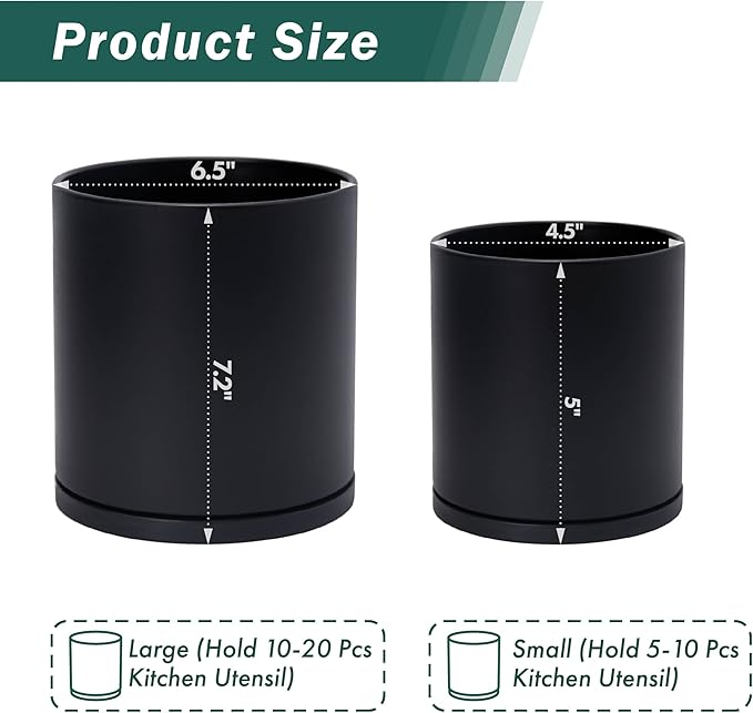 D'vine Dev 360° Rotating Utensil Holder Set – 7.2"+5" Kitchen Utensil Crocks for Countertop, Modern Cooking Tool Organizers for Kitchen Storage +Décor, Black, Set of 2, 72-Z-B-1