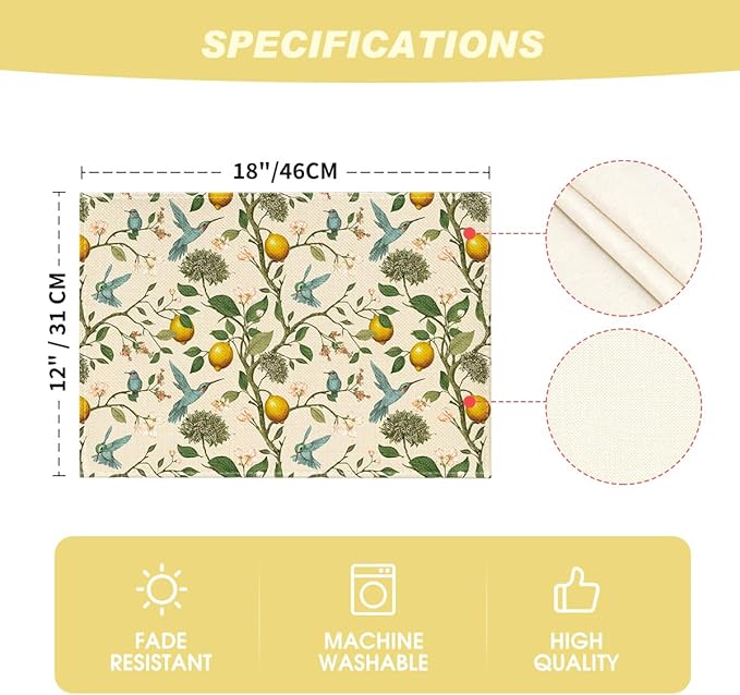 Artoid Mode Brown Lemon Tree Bird Flower Summer Placemats Set of 4,12x18 Inch Seasonal Spring Table Mats for Party Kitchen Dining Decoration