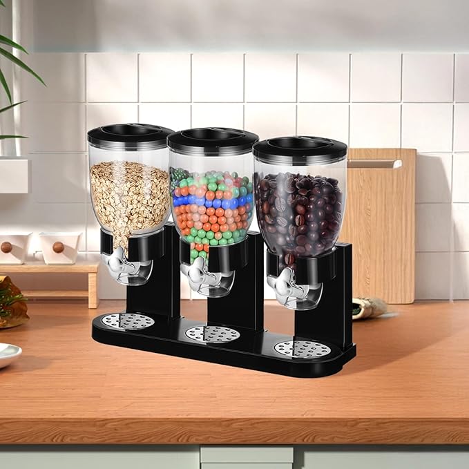 Triple Food Dispenser, 3 Pack 2L/67oz Cereal Dispenser Countertop, Cereal Containers Storage Airtight, Rotating Black Plastic Dry Food Dispenser, Candy Dispenser for Cereal, Rice, Candy, Coffee Beans