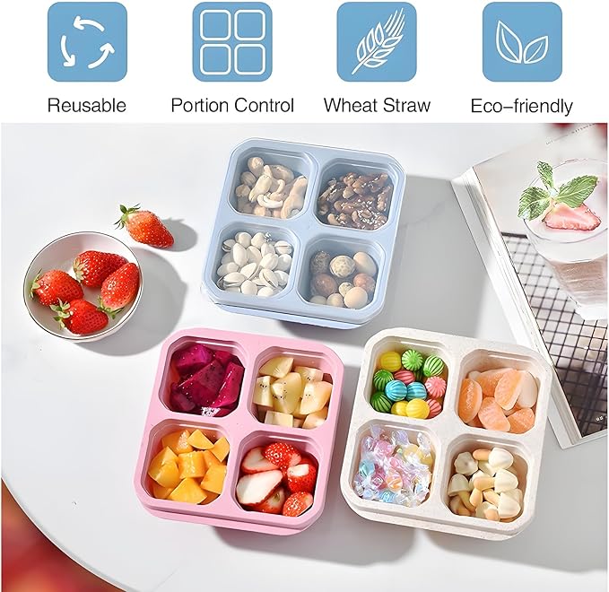 Emptycolor 3 Pack 4 Compartment Lunch Snack Containers with Lids, Meal Prep Bento Snack Boxes, BPA Free, Reusable Food Storage Lunchable Containers for People Work Travel
