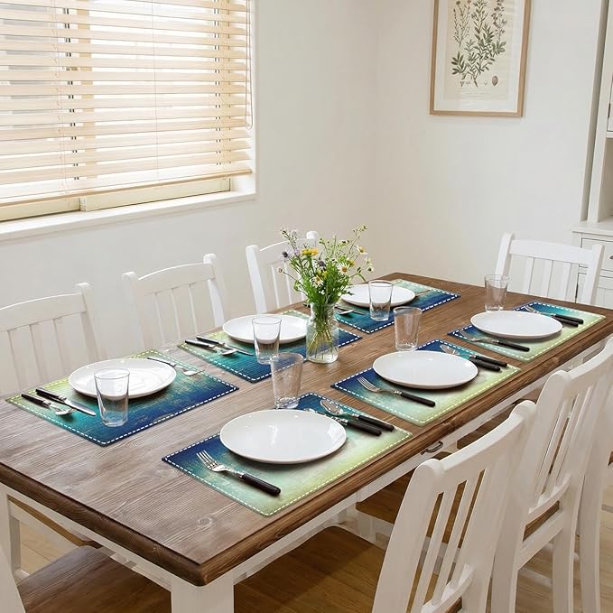 Emvency Farmhouse Placemats Set of 6, Abstract Vintage Blue Teal Rustic 12x18 Inch Linen Rectangular Place Table Mats for Indoors & Outdoor Home Party Kitchen Dining Decoration