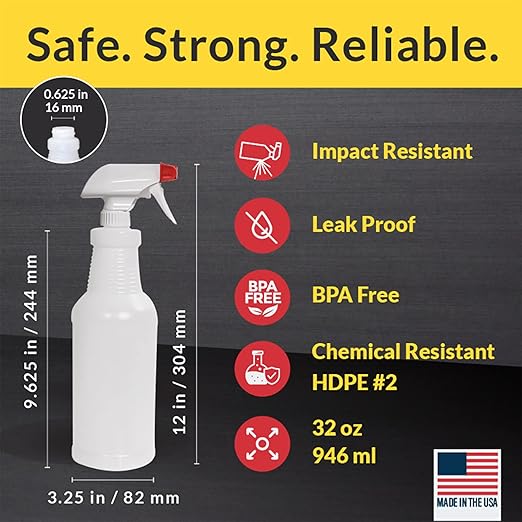 Pinnacle Mercantile Plastic Spray Bottles Leak Proof Technology Empty 32 oz Pack of 3 Made in USA