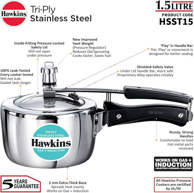 HAWKINS Triply Stainless Steel Pressure Cooker, Inner Lid Induction Cooker, (HSST15) 1.5 litres Silver