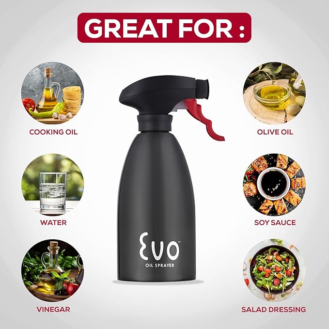 Evo Oil Sprayer 18/8 Stainless Steel, Non-Aerosol for Olive, Cooking Oils, and Vinegars, Black, 16-Ounce Capacity