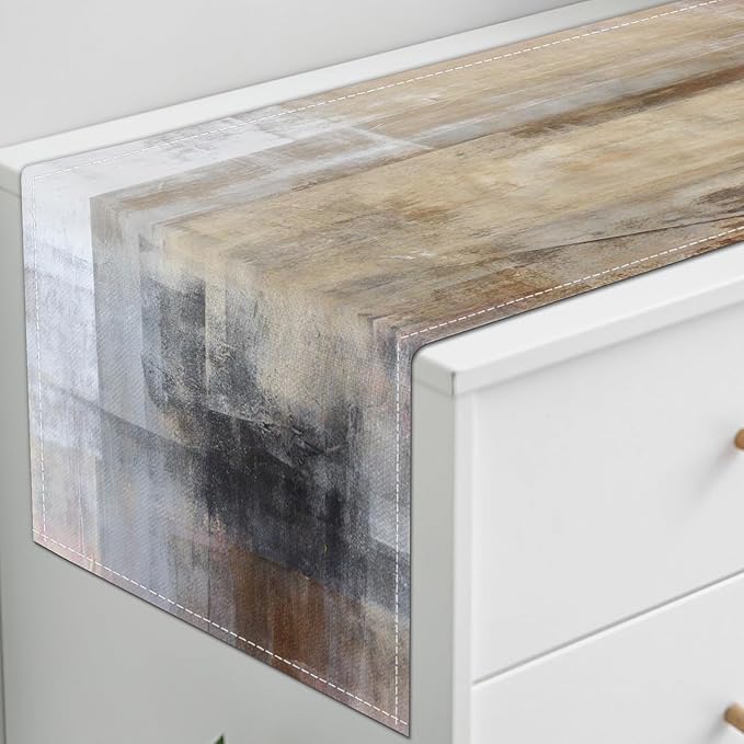Brown Grey Table Runners Modern Art Farmhouse Linen Table Runners Dresser Scarves Retro Rustic Style for Party Kitchen Dining Table Coffee Holiday Party Decor (Brown Grey, 13"x 71")