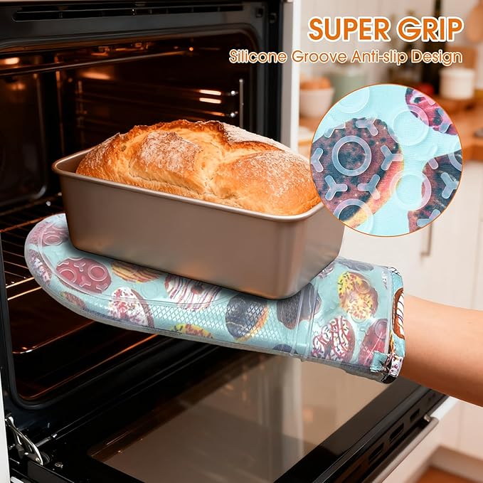 Silicone Oven Mitts Set Heat Resistant 2PCS Kitchen Mittens with Soft Cotton Lining Long Waterproof Non-Slip Oven Gloves for Cooking, BBQ, Baking-Donut