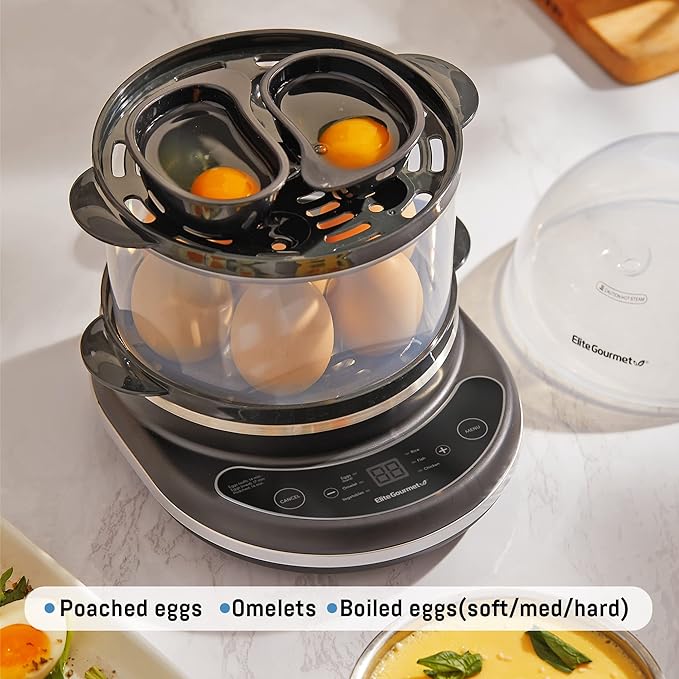 Elite Gourmet EGC314CB Digital Easy Egg Cooker Food Steamer, Poacher, Omelet, Soft, Medium, Hard-Boiled Egg with 6 Programmed Preset Functions, 2-Tiers, Measuring Cup, 14 egg capacity, Black