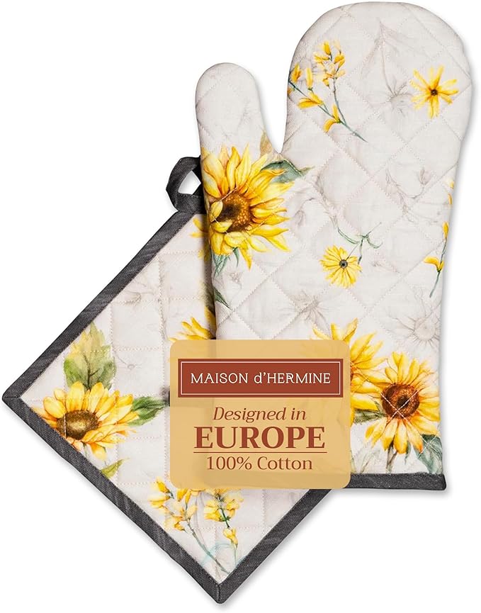 Maison d' Hermine 100% Cotton Oven Mitt & Pot Holder Set (7.5"x13" & 8"x8") Heat Resistant BBQ Cooking Gloves with Loop Baking Grilling Kitchen Gifts for Mothers Day Spring/Summer (Candice)