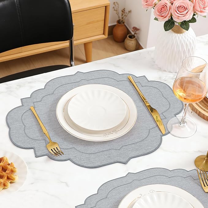 Cotton Linen Oval Placemats Set of 4, HADEEONG Table Mats Cloth Placemats, Washable Wrinkle Resistance, Scalloped & Embroidered Fabric Placemats, 17.71 x 13.77inch (Light Grey, 4)