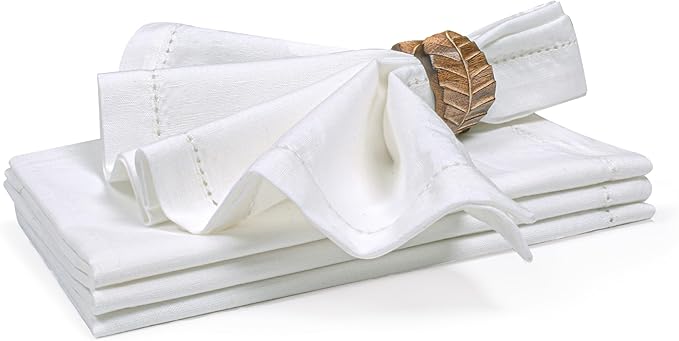 Flax Cloth Hemstitched White Dinner Napkins Set of 4-20x20 Inch, Premium Cotton Linen Decorative Dinning Table Napkin Ideal for Spring, Summer, Easter | Washable Daily Kitchen Use Napkin for Wedding