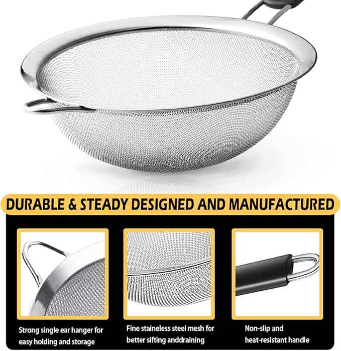 Stainless Steel Fine Mesh Strainers, Set of 3 Sizes Strainer for Kitchen, Wire Sieve with Insulated Handle Kitchen Strainer, Baking Tools Colander, Food Preparation, Flour Sifter, Rice, Pasta Strainer