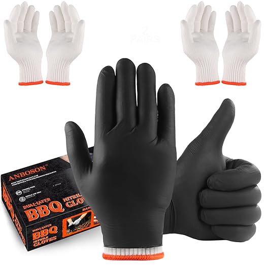 ANBOSON BBQ Gloves for Cooking Baking Grilling, 100 Count Disposable Nitrile Gloves and 4 Count Cotton Glove Liners Washable (6mil Nitrile, X-Large)