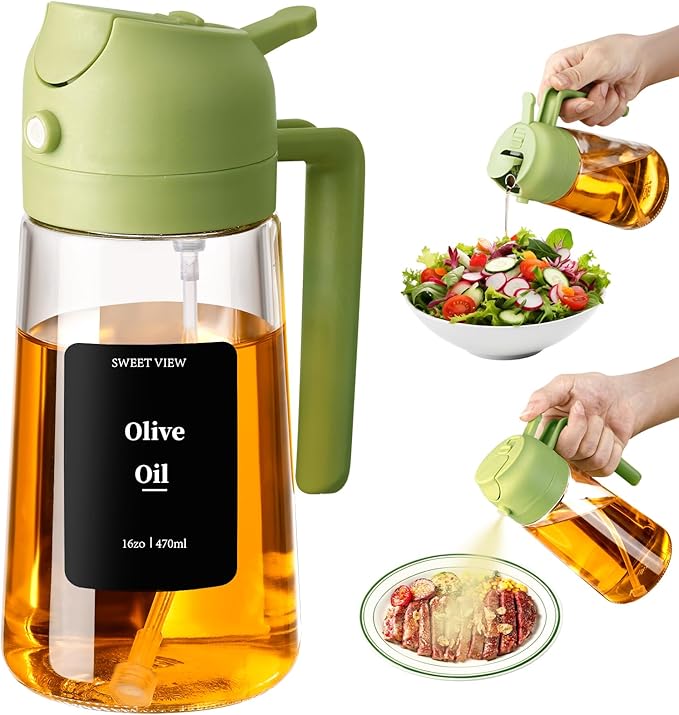 SWEET VIEW 16oz/470ml Oil Dispenser and Oil Sprayer, Glass Olive Oil Pourer for Kitchen, Air Fryer, Cooking, Salad, BBQ(Green)