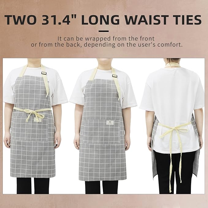 NLUS 2 Pack Waterproof Cooking Aprons, Adjustable Bib Soft Chef Apron with 2 Pockets for Men Women (Gray Stripe/Gray Trees)