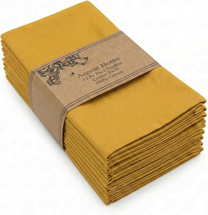 Accent Home 100% Cotton Napkins, Delicate Cloth Napkins for Dinners, Parties and Weddings，18 x 18 Inch Set of 12 - Mustard