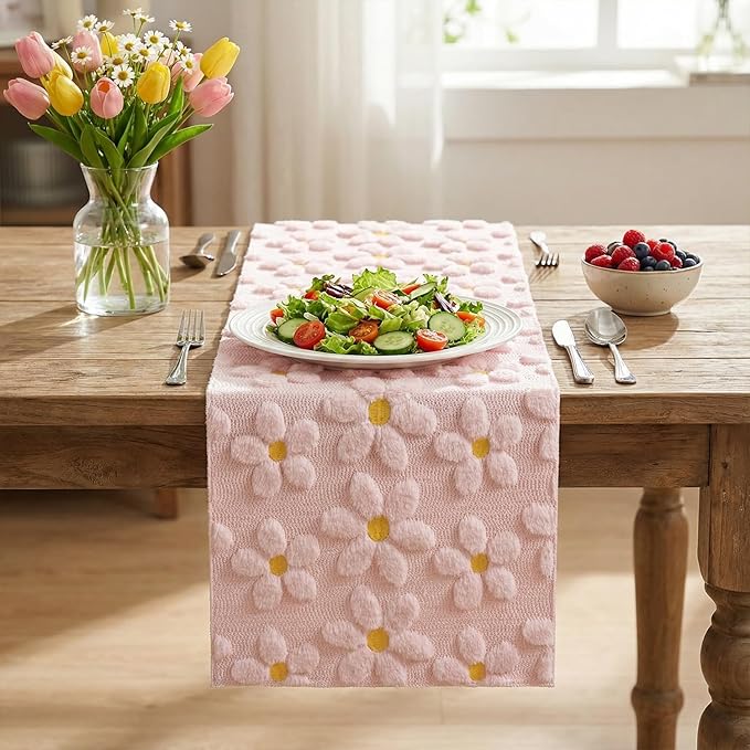 Artoid Mode Pink Soft Plush Faux Fur Jacquard Embroidery Daisy Spring Table Runner, Kitchen Dining Table Decoration for Home Party Decor 13x90 Inch