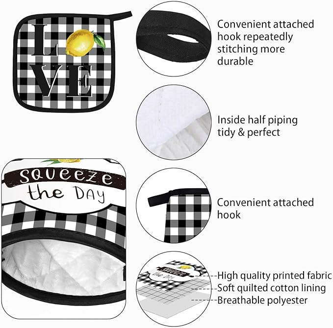 5 Pieces Buffalo Plaid Kitchen Towels Oven Mitts and Pot Holder Set Black and White Kitchen Towels Oven Gloves, Hot Pads Pot Holders for Farm House Accessories Decor(Lemon)