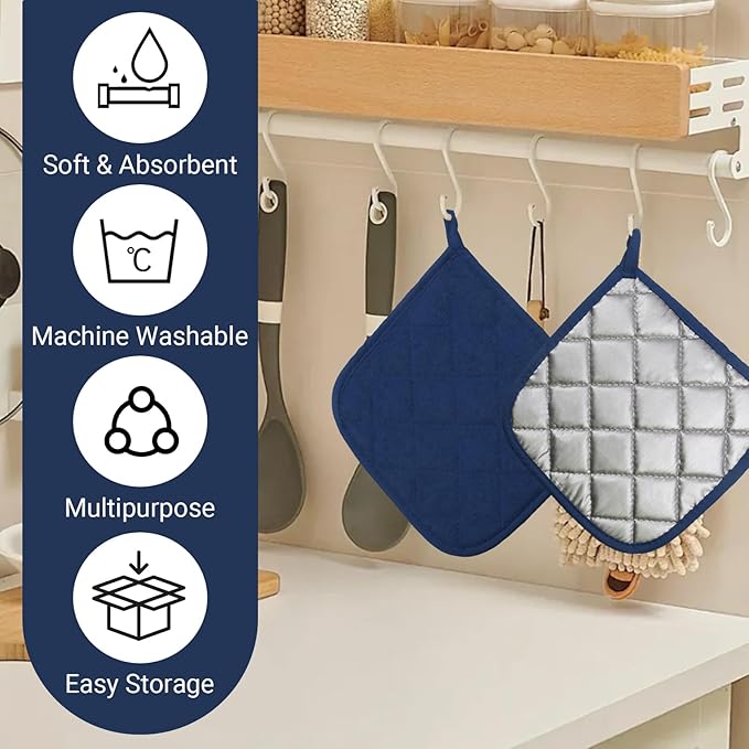 4 Pcs Quilted Pot Holder, Cotton Heat Resistant Hot Pads for Kitchen, Countertops, Oven Pot Holders (Blue)