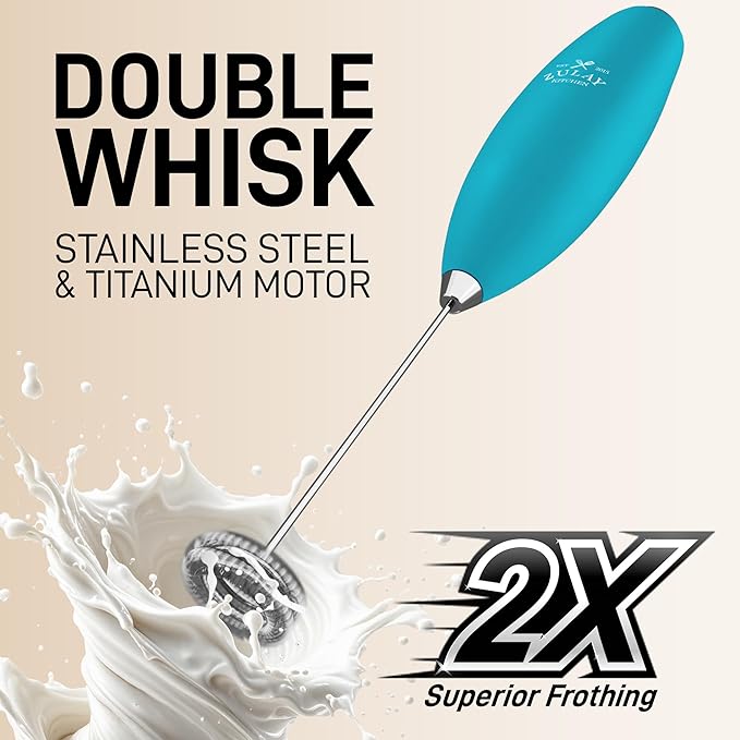 Zulay Kitchen Powerful Double Whisk Milk Frother Handheld - Foam Maker With Stand - Whisk Drink Mixer for Coffee, Mini Foamer for Latte, Matcha, Frappe, Hot Chocolate & Cappuccino - Ocean Blue