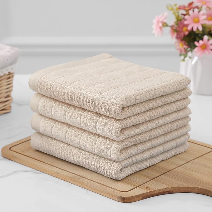 Homaxy 100% Cotton Terry Kitchen Towels(Beige, 13 x 28 inches), Checkered Designed, Soft and Super Absorbent Dish Towels, 2 Pack