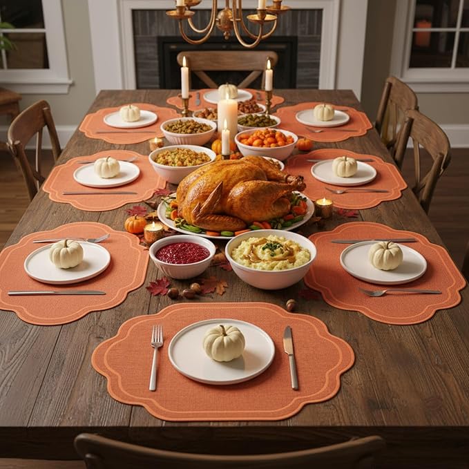 Breling 6 Pcs Wedding Placemats Scalloped Embroidered Cotton Linen Placemats 17" x 13" Double Layered Machine Washable Table Place Mat for Party Table Decor (Orange)