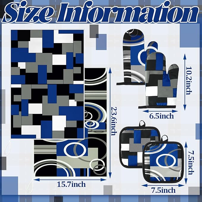 Jingmore 6 Pcs Kitchen Decor Set Accessorie Farmhouse Kitchen Towels Pot Holders Oven Mitts Set 2 Dish Towels 2 Pot Holders 2 Cooking Mittens Oven Glove for Cooking(Blue and Black,Geometric)