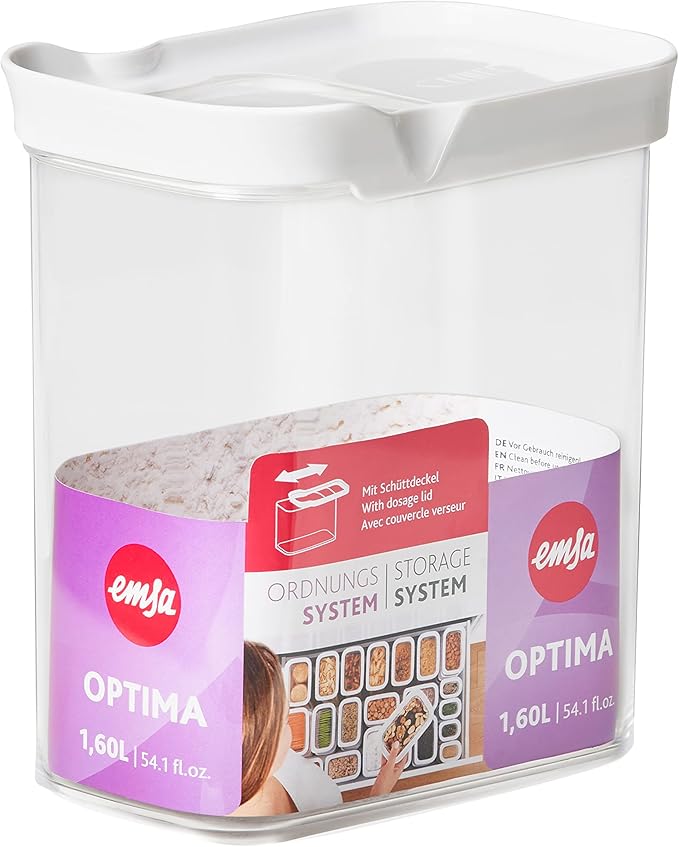 Emsa N11421 Optima Pouring Container 1.6 Litres Rectangular Sliding Lid Ideal for Portioning 100% Safe/Hygienic/Harmless Fresh Seal BPA Free/Transparent Design