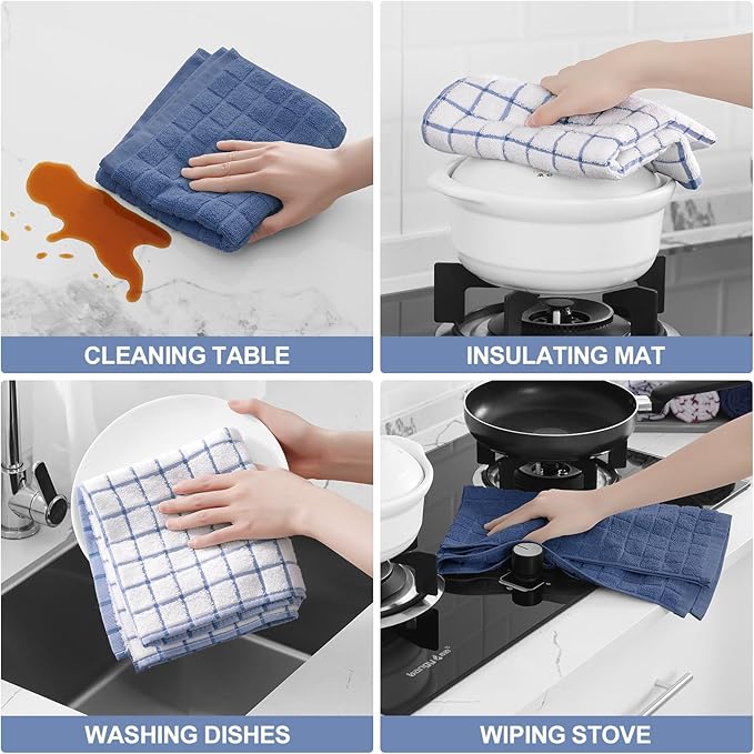 Homaxy Premium Cotton Kitchen Towels 16"x 28", Large Natural Ring Spun 390 GSM Dish Towels, Super Absorbent Terry Kitchen Hand Towels, Soft Tea Towels with Hanging Loop, Navy Blue Check Design, 8 Pack