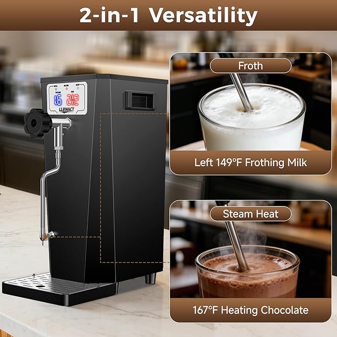 Commercial Steam Milk Frother,1.6Bar 15s Fast Frothing,1500W 6L Boiler for Continuous Use, Temp Probe, Triple Safety, 2-in-1 Hot Water&Steam with LED Display for Coffee Shops,Hotel& Restaurant