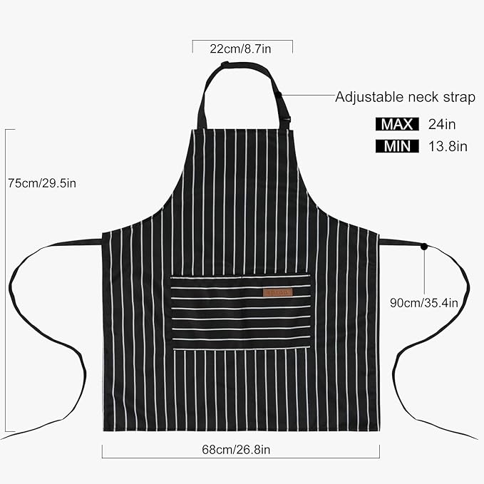 DILLMAN Kitchen Cooking Adjustable Aprons - Men Women Bib Soft Chef Stripes Apron with 2 Pockets