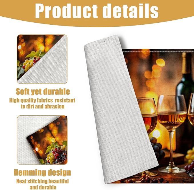 Wine Placemats Set of 6, Linen Place Mat Washable Stain Resistant Table Mats for Country Winery Artisanal Farmhouse Kitchen 12x18 Inch