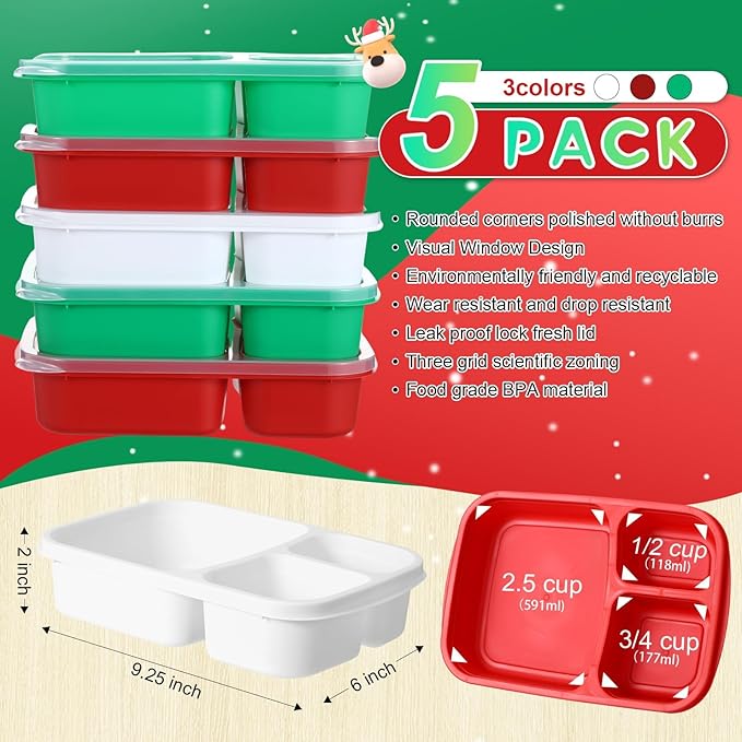 Honeydak 5 Pack Snack Containers 3 Compartment Bento Snack Boxes Divided Meal Prep Containers with Lids Reusable Adults Lunch Food Storage Box for School Work Travel (Red and Green)
