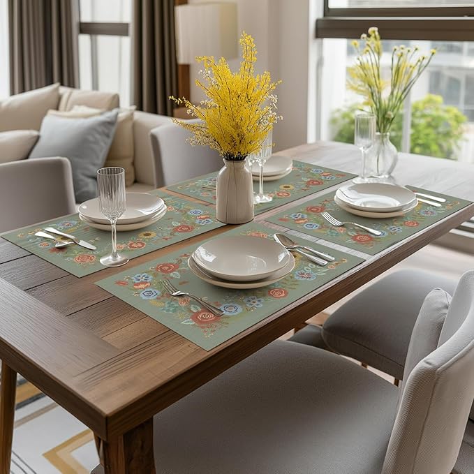Artoid Mode Sage Florals Butterfly Spring Vinyl Placemats Set of 4, Washable Non-Slip Plastic Table Mats for Vintage Holiday Party Kitchen Dining Decor