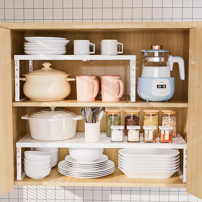 Expandable Adjustable Stackable Multi-Purpose Spice Racks,Metal Storage Rack, Practical Kitchen Pantry Shelves, Countertop for Kitchen, Bathroom, Storage Room & Other Places(1Pack/White,Medium)