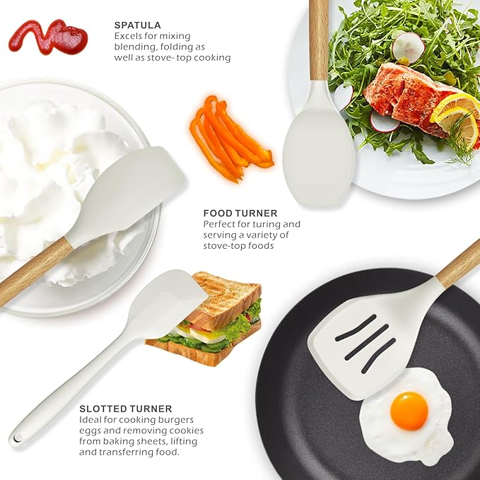 oannao Silicone Cooking Utensils Set - 446°F Heat Resistant Silicone Kitchen Utensils for Cooking,Kitchen Utensil Spatula Set w Wooden Handles for Non-Stick Cookware, BPA FREE (Cream White)