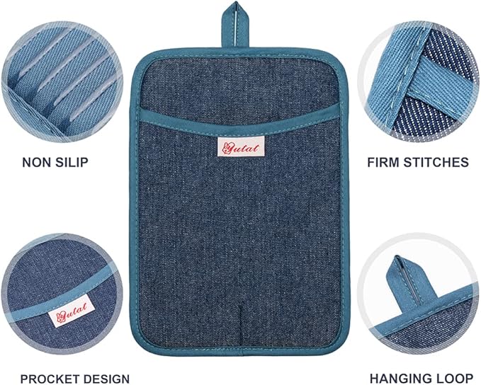Yutat Oven Mitts, Pot Holders Set of 4 Made with Pure Cotton and Food Grade Non-Slip Silicone - 500 F Heat Resistant Oven Mitts and Pot Holders Sets for Kitchen Cooking (4pcs Set, Pc Blue and Denim)