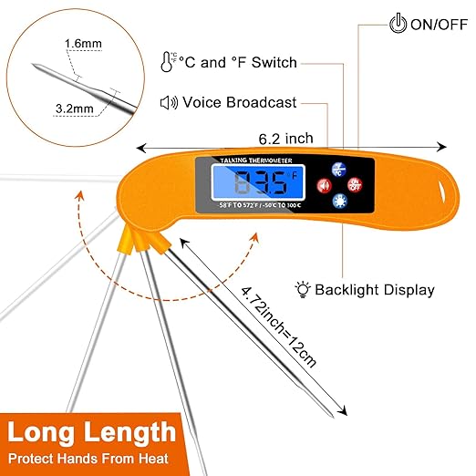 Digital Talking Thermometer for The Blind, Orange Waterproof Instant Read Food Thermometer with Talking Function and Backlight, Meat Thermometer with Probe for Cooking and Grilling, and More