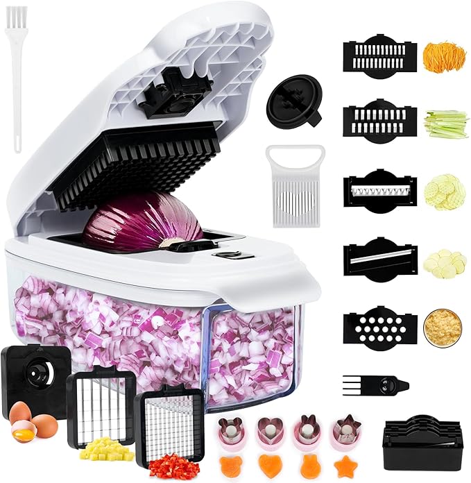 Veggie Chopper –13 in 1 Onion Chopper · Vegetable Chopper with Container · Pepper Chopper · Vegetable Slicer – Kitchen Gadget & Home Essentials (White & Black)