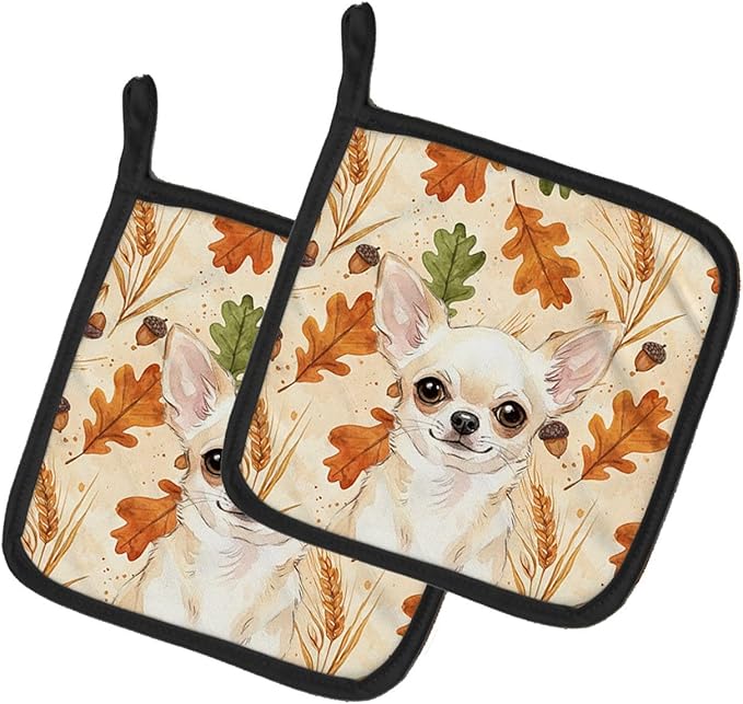 Caroline's Treasures Cream Chihuahua Heirloom Fall Pair of Pot Holders Pair 7.5x7.5 Quilted Insulated Hot Pads Decorative Kitchen Gift Made in USA