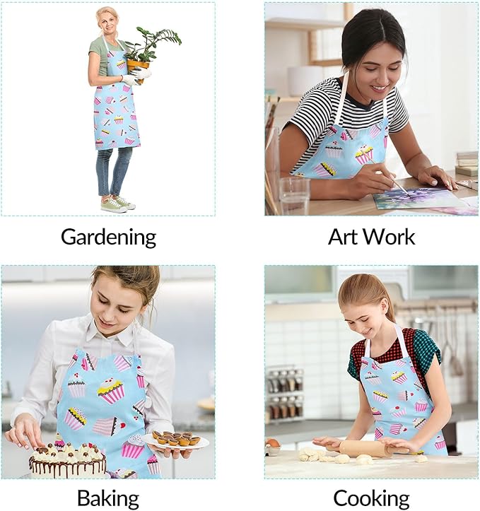 RosieLily Cute Cupcake Apron for Women & Girls - Blue Kitchen Apron for Cooking, Baking, Gardening & Grilling - Gift for Baker
