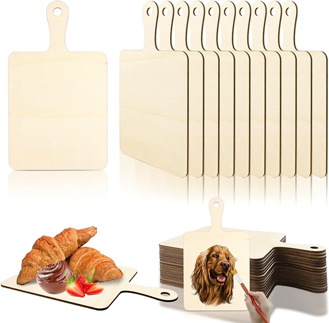 Vmiapxo 16 Pack Unfinished Wood Cutting Board Craft with Handle, Wooden Paddle Cheese Bread Board Set Chopping Board Serving Tray for Craft DIY Christmas Home Kitchen Cooking Decor (9.4" x 5.5")
