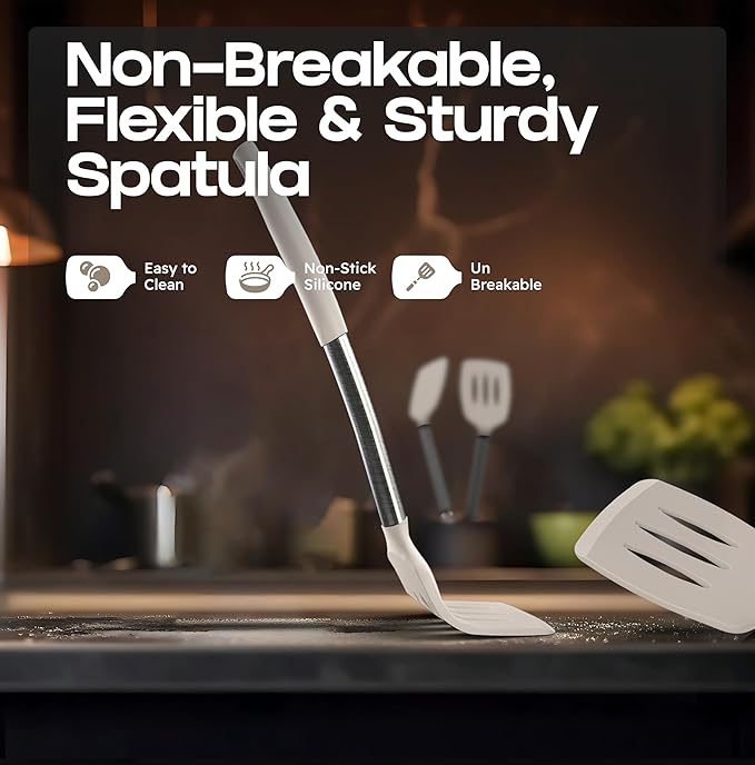 BakeRoyal Silicone Spatula Set - Turner Spatulas Silicone Heat Resistant 600°F - Slotted & Solid Spatula for Cooking Fish, Eggs, Pancakes Flipper – Spatulas for kitchen use – Mist