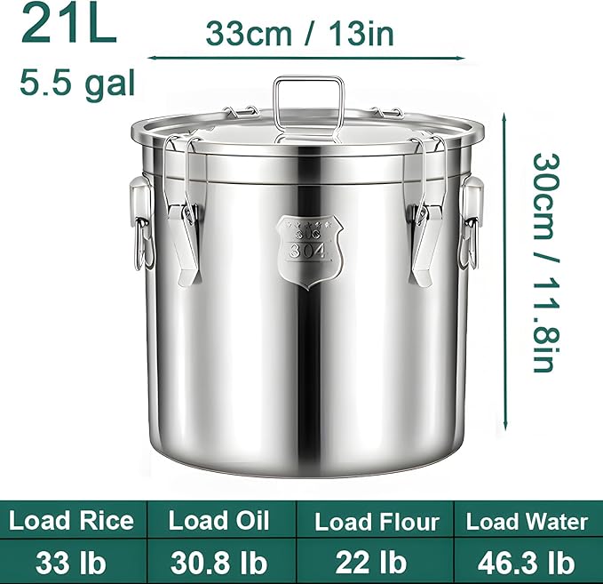 304 Stainless Steel Airtight Canister, Metal Cereal Flour Storage Container with Carry Handle Sealed Lid Coffee Canisters for Household Kitchen Bean Oil Milk Barrel (21L / 5.5 Gal)
