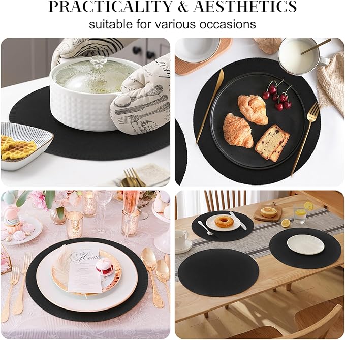 Round Placemats Set of 6, 15 Inch Linen Fabric Table Placemats, Heat Resistant, Wrinkle Free Washable Placemats Kitchen Place Mats Set of 6 for Dining Table Party Table (Black, 6)