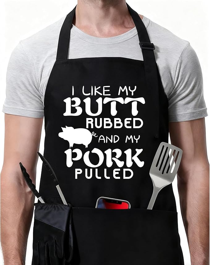 Rosoz Funny BBQ Black Chef Aprons for Men, Grill Apron Adjustable Kitchen Cooking Aprons with Pocket Waterproof Oil Proof Valentine's Day/Birthday