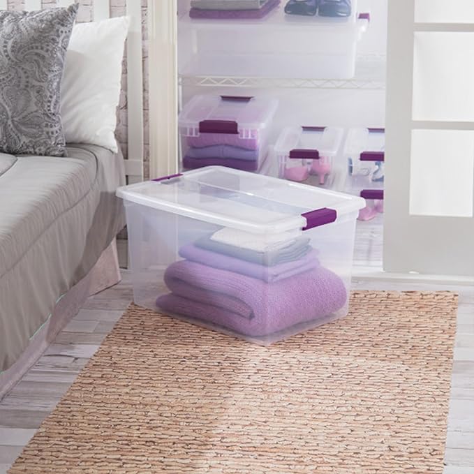 Sterilite 66 Qt ClearView Latch Storage Box, Stackable Bin with Latching Lid, Plastic Container to Organize Clothes in Closet, Clear Base, Lid, 6-Pack