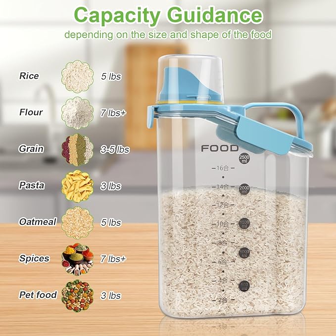 LEAWALK 3+6Qt Rice Storage Container Upgraded Large Nozzle BPA-free, With 4 Sealed Clasps, 1 Measuring Cup and Handle for Snacks, Rice, Grains, Flour, Sugar, Pet Food, Etc-Elegant Blue 2Pack