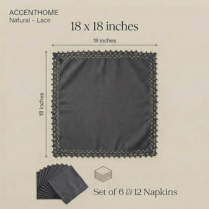ACCENTHOME Grey Cloth Napkins Set of 12 18x18 inch Cotton Dinner Napkins - Washable Soft Premium Hotel Quality Reusable Napkins Perfect Table Napkins for Family Dinners, Weddings & Everyday Use